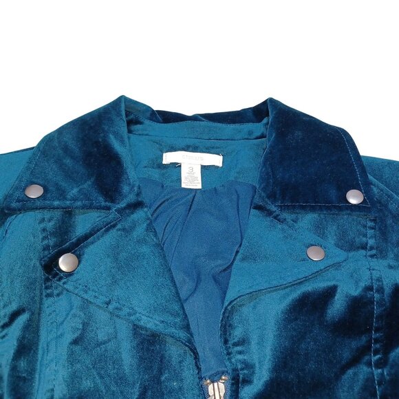 Chicos Velveteen Moto Jacket Teal Blue Womens XL Zip Front Glam Holiday Party - Picture 3 of 7